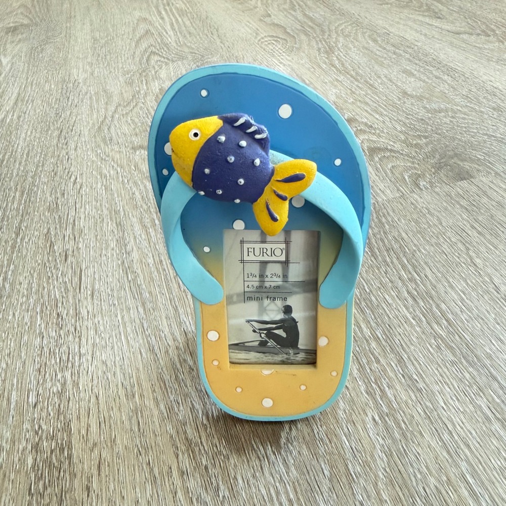 Furio Flip Flop Mini Picture Frame Blue Yellow Polka Dot 3D Fish Beach Decor 5in